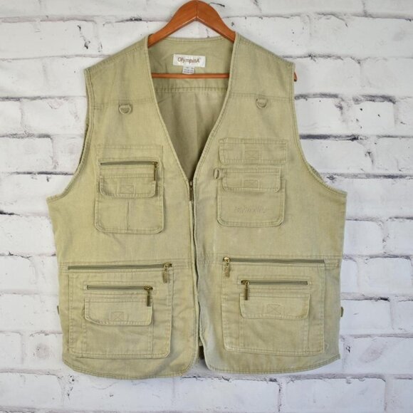 OlympinA Tan Cotton Twill Rugged Fishing Hunting Oversized Utility Vest XXL - Picture 1 of 8